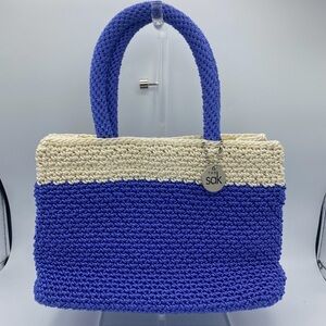 The Sak Crochet Elliot Lucca Blue & Cream Soft Handbag Top Handle Small Tote Bag